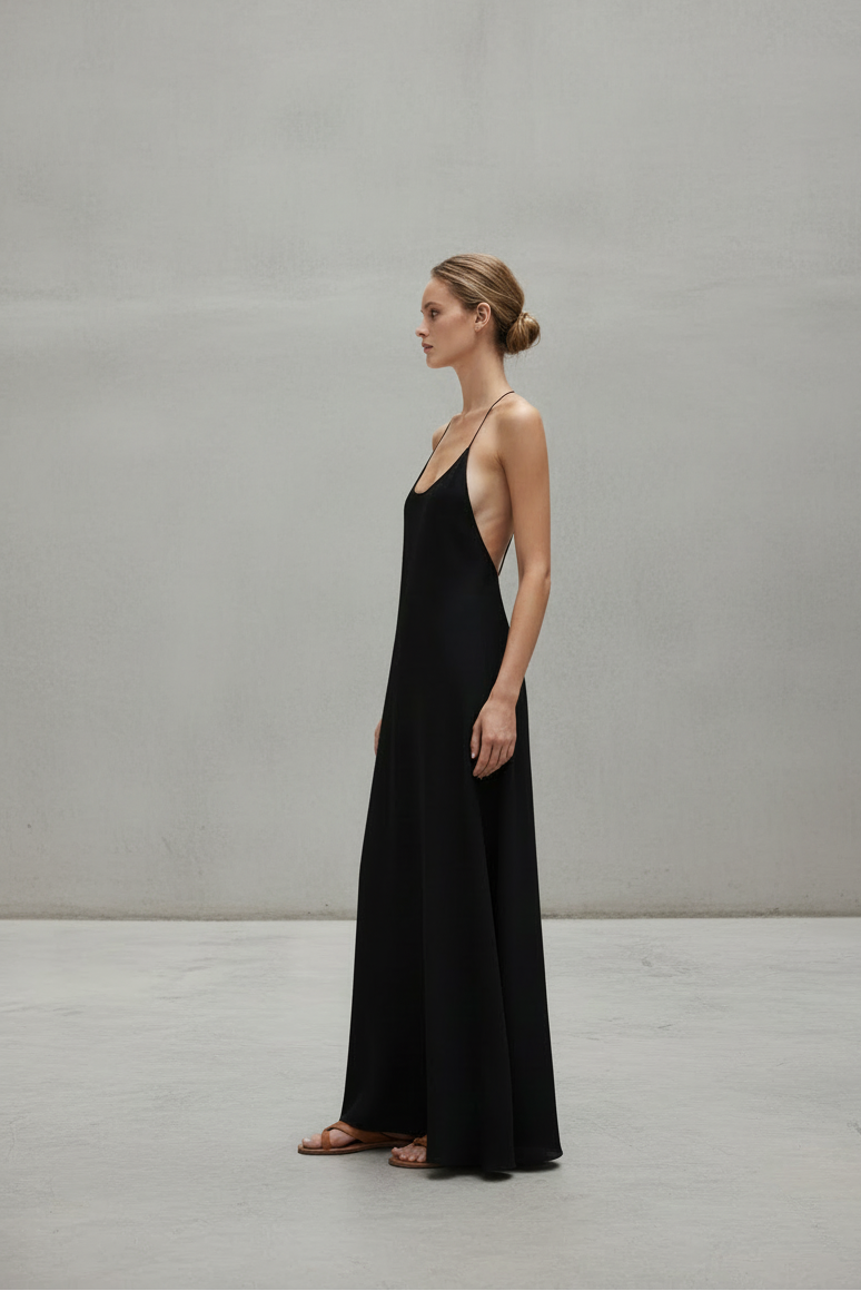 Basalt Maxi — Black Polyester Crepe, Razorback, Fine Straps, Floor Length — Core Collection — Meade & Eve
