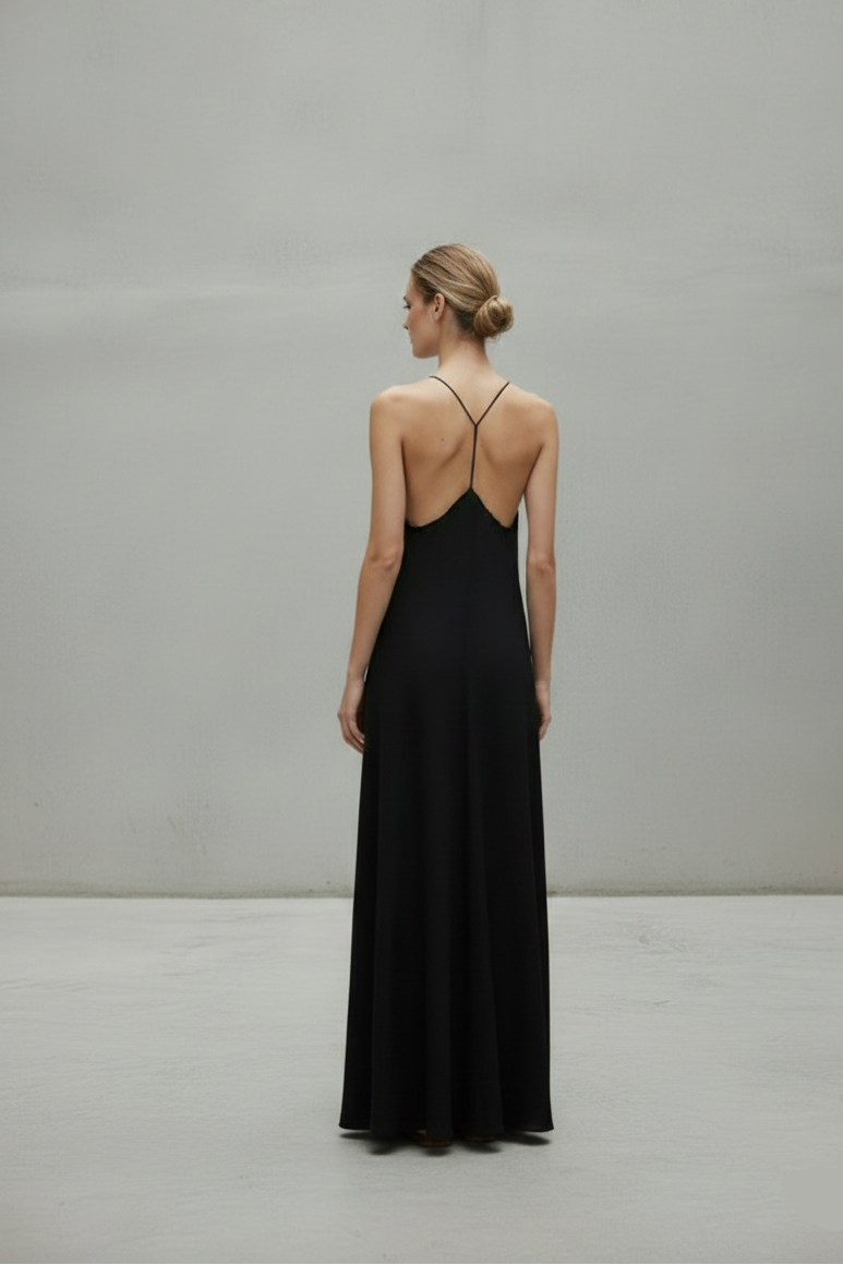 Basalt Maxi Back View — Razorback Cut, Clean Back Line, Floor Length — Core Collection — Meade & Eve