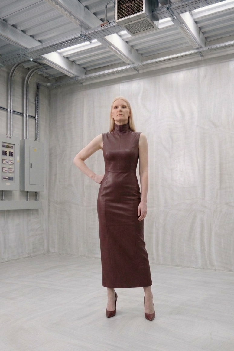 Crimson Diplomat Pressure Skin Dress — Deep Crimson PU, Turtleneck, Sleeveless Column, Zip Fastening — Slick Feme Torque Collection — Meade & Eve