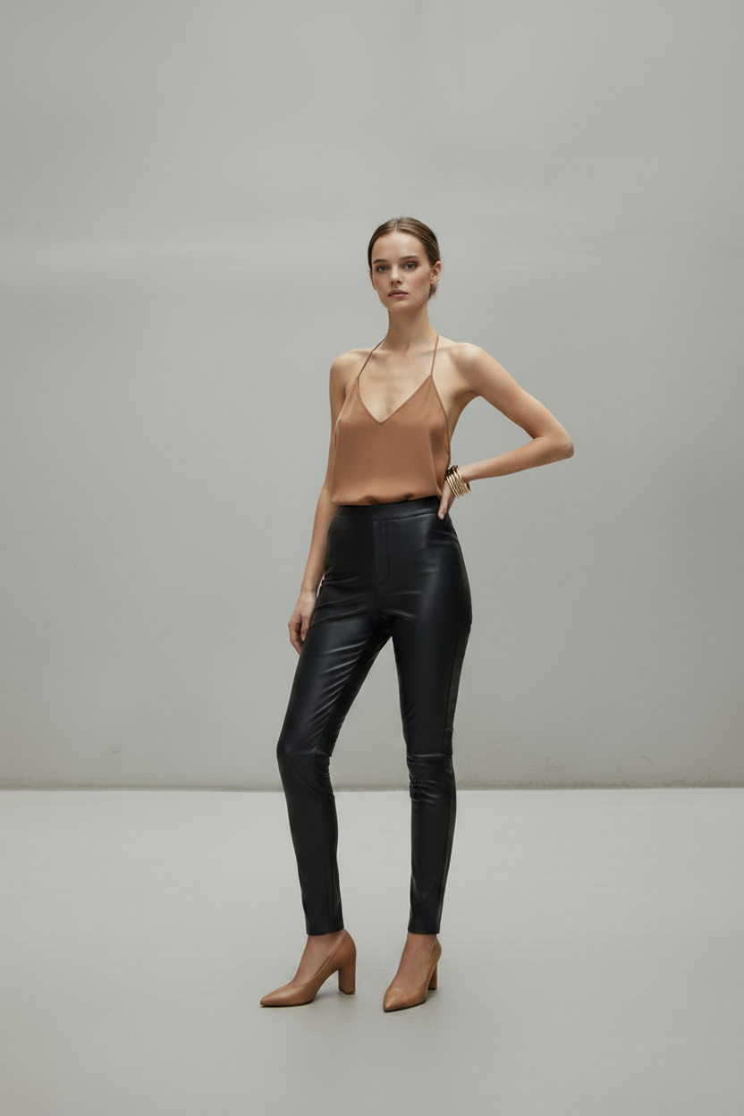 Nyx Second Skin Pant — Black PU, High-Rise, Arms Down — Core Collection — Meade & Eve