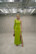 Electric lime velvet one-shoulder dress. Power shoulder, bishop sleeve with cuffed buttons, floor length, thigh split. Slick Feme Torque — Meade & Eve.