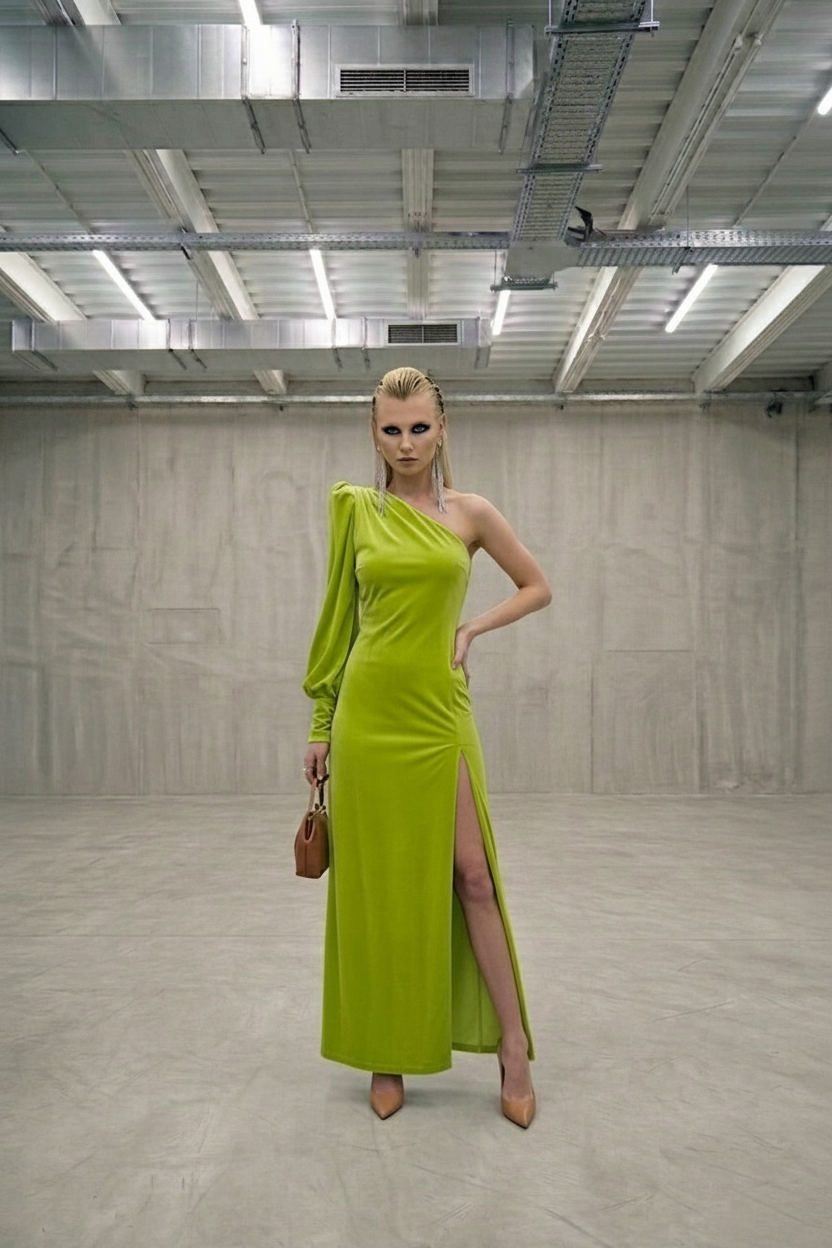 Populated Geography One-Shoulder Dress by Meade & Eve. Electric lime velvet, power shoulder, bishop sleeve, formal cuffed buttons, floor length with thigh split. Slick Feme Torque Collection.