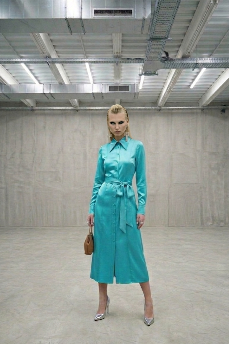 Strait of Hormuz Chokepoint Shirt Dress — Teal Midi, Belted Waist, Button Front, Long Pointed Collar, Cuffed Sleeves — Slick Feme Torque Collection — Meade & Eve