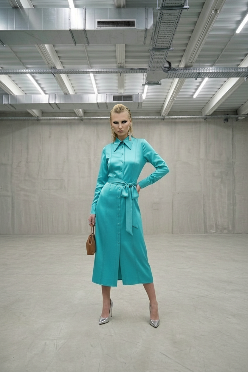 Strait of Hormuz Chokepoint Shirt Dress — Teal Midi, Belted Waist, Long Pointed Collar, Cuffed Sleeves — Slick Feme Torque Collection — Meade & Eve